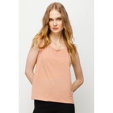 Desen Triko Kadın Kare Yaka Askılı T-Shirt Pudra