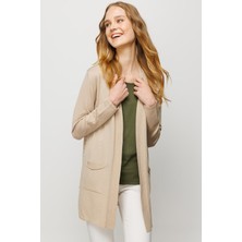 Desen Triko Kadın Cepli Arkası Desenli Uzun Yazlık Ceket Bej