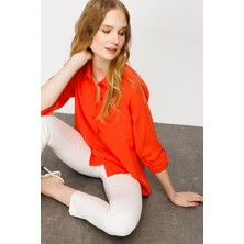 Desen Triko Kadın Geniş Kesim Düz Keten Gömlek Oranj