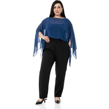 Disentis Modest Büyük Beden Asimetrik Kesim Şifon Lacivert Pelerin Bolero