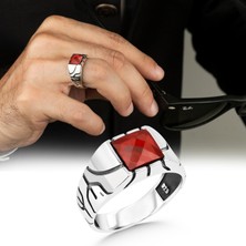 Argento Silver 925 Ayar Gümüş Erkek Yüzük Faset Kesim Kırmızı Zirkon Taşlı