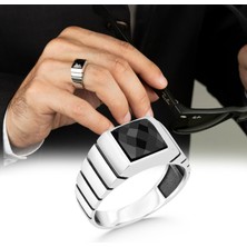 Argento Silver 925 Ayar Gümüş Erkek Yüzük Faset Kesimli Siyah Zirkon Taşlı