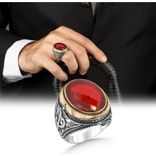 Argento Silver 925 Ayar Gümüş Erkek Yüzük Kırmızı Zirkon Taşlı