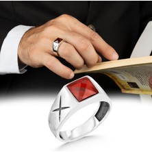 Argento Silver 925 Ayar Gümüş Erkek Yüzük Faset Kesim Kırmızı Zirkon Taşlı