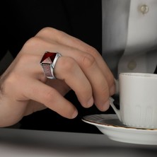 Argento Silver Kırmızı Faset Kesim Zirkon Taşlı 925 Ayar Gümüş Erkek Yüzük