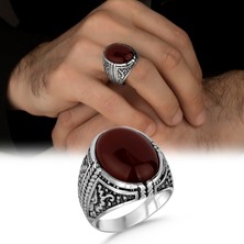 Argento Silver Kırmızı Akik Taşlı 925 Ayar Gümüş Erkek Yüzük