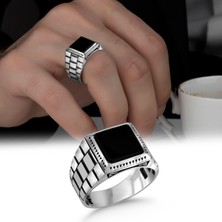 Argento Silver Black Onyx  Stone Taşlı 925 Ayar Gümüş Erkek Yüzük