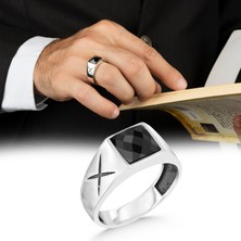 Argento Silver 925 Ayar Gümüş Erkek Yüzük Faset Kesim Siyah Zirkon Taşlı
