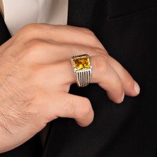 Argento Silver Gümüş Yüzük 925 Ayar Oktegon Kesim Sarı Sitrin Taşlı