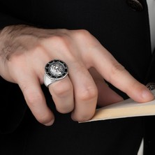 Argento Silver Aslan Figürlü Siyah Baget Taşlı 925 Ayar Gümüş Yüzük