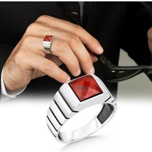 Argento Silver 925 Ayar Gümüş Erkek Yüzük Faset Kesimli Kırmızı Zirkon Taşlı