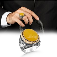 Argento Silver 925 Ayar Gümüş Erkek Yüzük Sarı Akik Taşlı