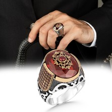 Argento Silver 925 Ayar Gümüş Erkek Yüzük Kırmızı Zirkon Taşlı