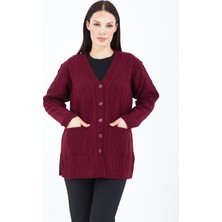 Elçelya Moda Kadın V Yaka  Bordo Düğmeli Cepli Örgü Yün Anne Triko Kısa Hırka