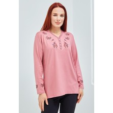 Fresh Moda Kadın Pembe V Yaka Düğmeli Çiçekli Likralı Anne Penye Bluz