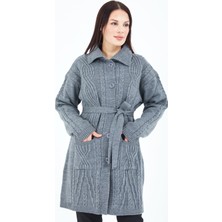 Fresh Moda Kadın Gri Yakalı Düğmeli Cepli Kuşaklı Örme Triko Yün Uzun Hırka