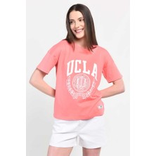 Ucla Avalon Açık Pembe Bisiklet Yaka Baskılı %100 Pamuk Loose Fit Kadın Tshirt