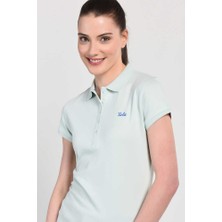 Ucla SHAVER Mavi Polo Yaka Nakışlı Pamuklu Standard Fit Kadın Tshirt