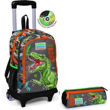 Coral High Erkek Çocuk Gri Dinazor Tekerlekli Okul Çantası ve Kalemlik Seti