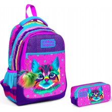 Coral High Mor Pembe Kedi Ilkokul Sırt Çantası ve Kalemlik Seti