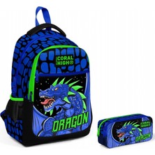 Coral High Mavi Yeşil Dragon Ilkokul Ortaokul Sırt Çantası ve Kalemlik Seti