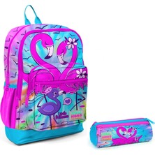 Coral High Mavi Pembe Flamingo Ilkokul Sırt Çantası ve Kalemlik Seti