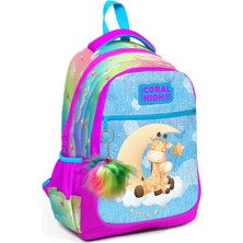 Coral High Üç Gözlü Kız Çocuk Ilk ve Orta Okul Çantası - Mavi Pembe Zürafa