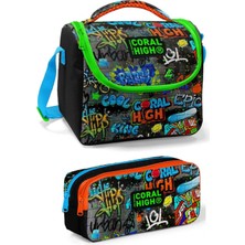 Coral High Siyah Yeşil Grafiti Erkek Çocuk Beslenme Çantası Seti
