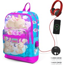 Coral High Mavi Pembe Tavşan Ilkokul ve Günlük Sırt Çantası - Kız Çocuk - USB Soketli