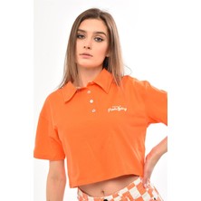 Fancy Kadın Polo Yaka Göğsü Nakış Detaylı Oversize Crop Tişört