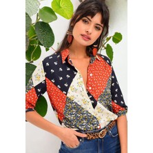 New Laviva Kadın Patchwork Klasik Yaka Uzun Kol Gömlek
