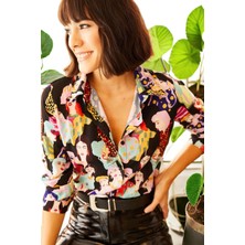 New Laviva Kadın Siyah Klasik Yaka Desenli Gömlek Uzun Kol Desenli Regular Kesim Standart Boy Gömlek