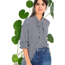 New Laviva Kadın Çizgili ve Fular Detaylı Uzun Kol Yumuşak Dokulu Gömlek