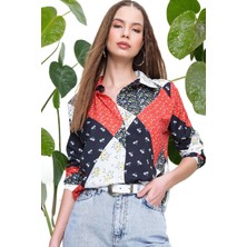 New Laviva Kadın Kırmızı Uzun Kol Patchwork Desenli Kaliteli Kumaş Düz Kesim Standart Boy Gömlek