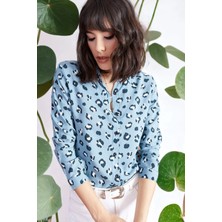 New Laviva Kadın Mavi Iki Renkli Desenli Uzun Kol Regular Kesim Standart Boy Gömlek