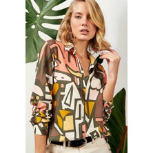 New Laviva Kadın Haki Klasik Yaka Geometrik Uzun Kol Gömlek