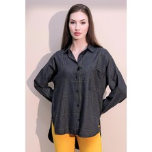 New Laviva Kadın Antrasit & Uzun Kol Ekose Yumuşak Dokulu Oversize Kesim Gömlek