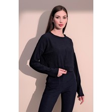 New Laviva Kadın Lacivert Kendinden Dokulu Cepli Crop Sweatshirt, Salaş Kesim