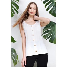 New Laviva Kadın Ekru Sıfır Kol Detaylı Regular Kesim Standart Boy Askılı Düğmeli Ince Örme Triko Bluz