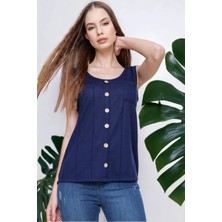 New Laviva Kadın Lacivert Sıfır Kol Detaylı Regular Kesim Standart Boy Askılı Düğmeli Ince Örme Triko Bluz