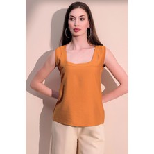 New Laviva Kadın Kiremit Kısa Kollu Kare Yaka Kalın Askılı Keten Bluz