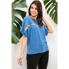 New Laviva Kadın Indigo Bisiklet Yaka Rahat Hasır Düğme ve Şerit Detaylı Kısa Kollu Salaş Airobin Bluz