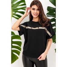 New Laviva Kadın Siyah Bisiklet Yaka Rahat Hasır Düğme ve Şerit Detaylı Kısa Kollu Salaş Airobin Bluz