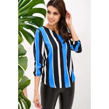 New Laviva Kadın Siyah & Mavi Yakası Yırtmaçlı Çizgili Krep Bluz Truvakar Kol Kaliteli Dokulu Kumaş