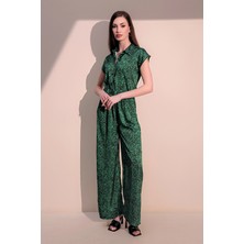 New Laviva Kadın Zümrüt Yeşili Üretim Beli Lastikli Kısa Kol Gömlek Yaka Cepli Bol Paça Tulum