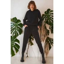 New Laviva Kadın Siyah Kapşonlu Yakalı, Uzun Kol, Cep Detaylı, , Düz Kesim, Standart Boy Eşofman Takım