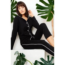 New Laviva Kadın Siyah Balıkçı Yaka Uzun Kol Basic Kaliteli Kumaş Oversize Kesim Standart Boy Pijama Takımı