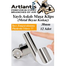 Artlantis Yaylı Askılı Maşa Klips 38 mm 12 Adet Metal Beyaz Kıskaç 140 Yaprak Kapasiteli Pürüzsüz Mandal Kıskac