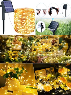 Epazzar Günışığı 200 LED 20 Mt. 8 Fonksiyon Solar Panelli Peri Tel Kablo Iç ve Dış Mekan Bahçe Kamp Veranda Aydınlatması