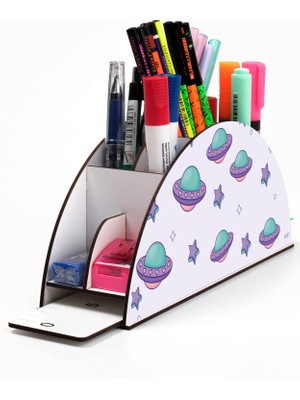 KutuTR Ahşap Vip Galaksi Model Gökkuşağı Cetvelli Masaüstü Kalemlik Organizer Montajlı Kutulu